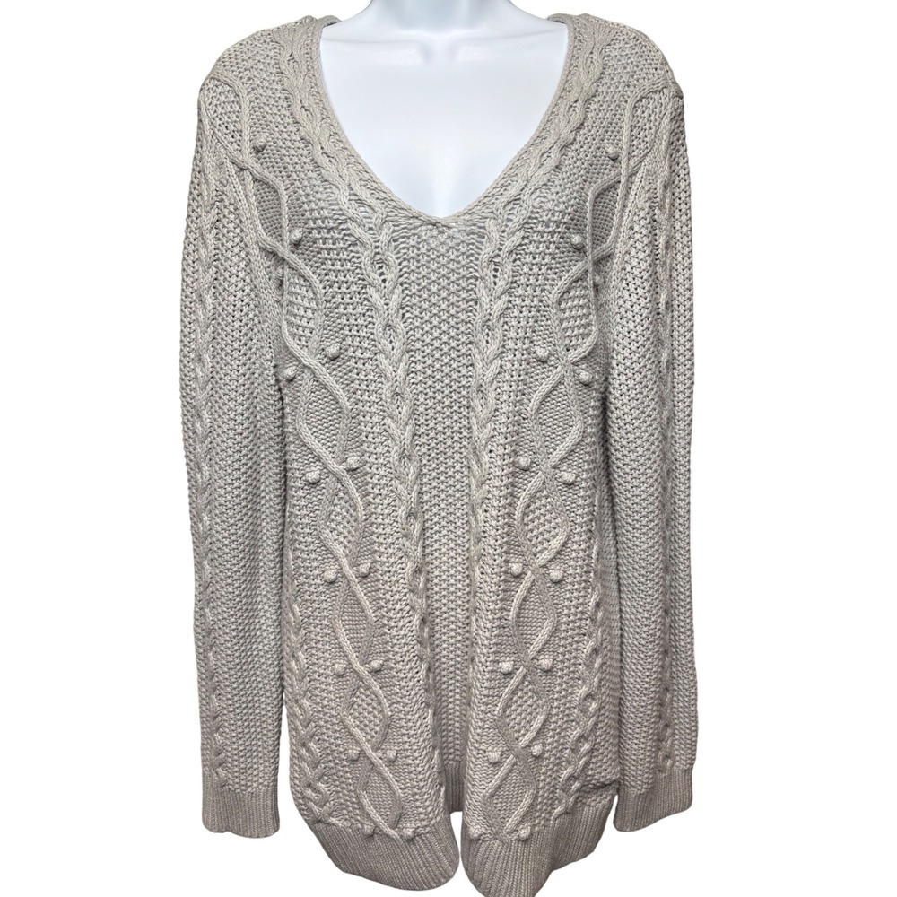 LANDS' END Womens Oatmeal Cable Knit V-Neck Sweater M Hygge Preppy Cozy Coastal